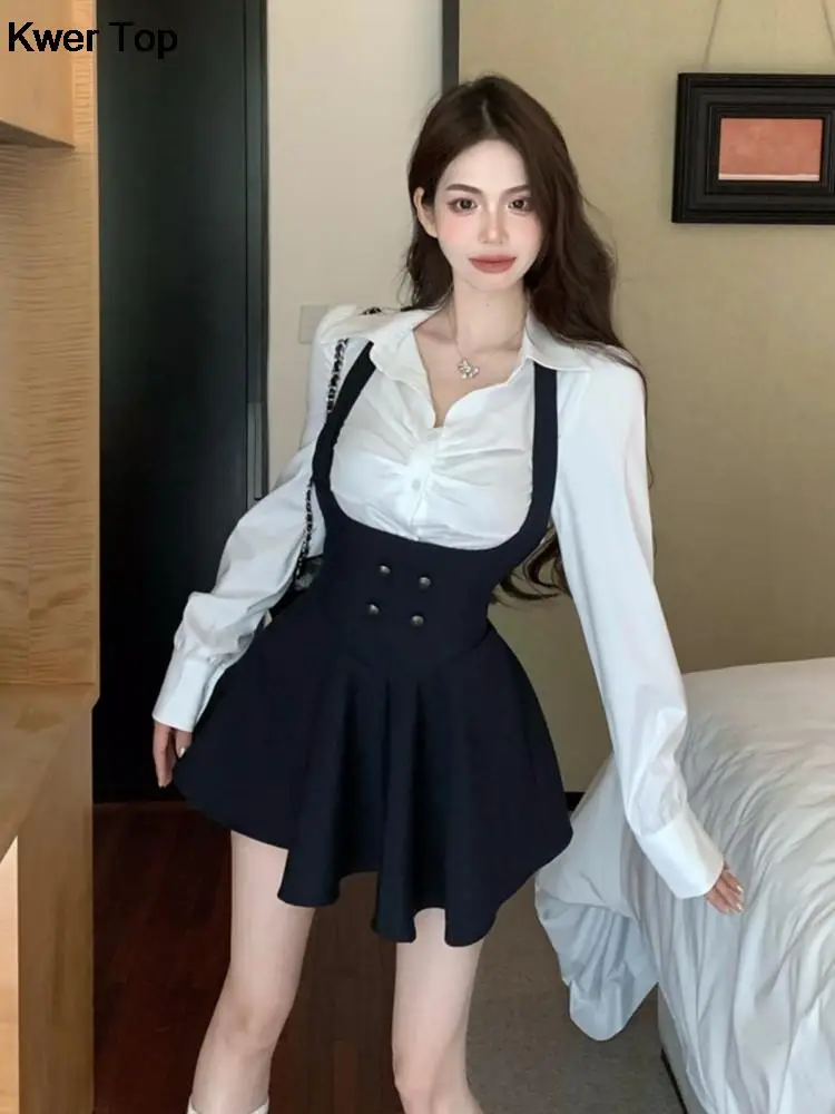 Woman Preppy Style Mini Dress 3 Piece Set Korean Elegant White Shirt + Short Blazers Coat Outfits Spring Fashion Y2K Clothes