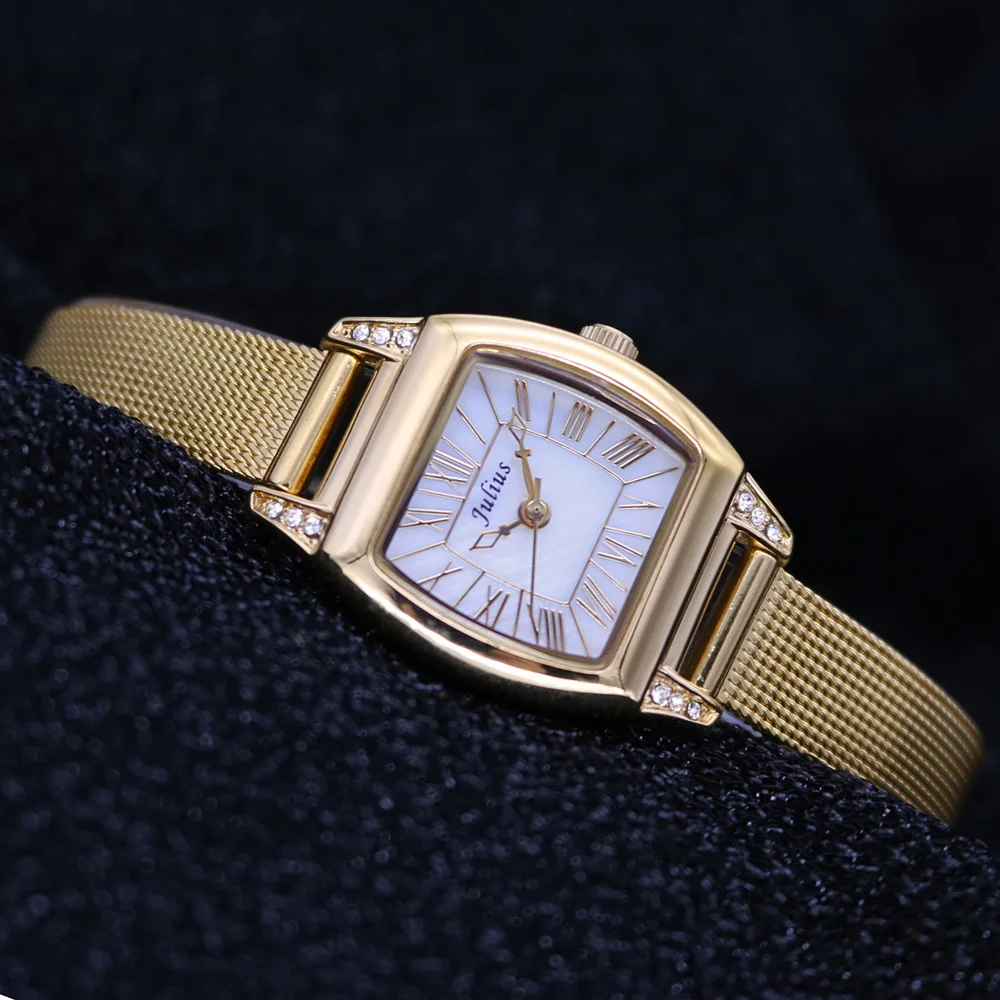 

JULIUS золотые женские часы, японские кварцевые женские маленькие часы, изысканный модный браслет из нержавеющей стали, подарочная коробка для девочек