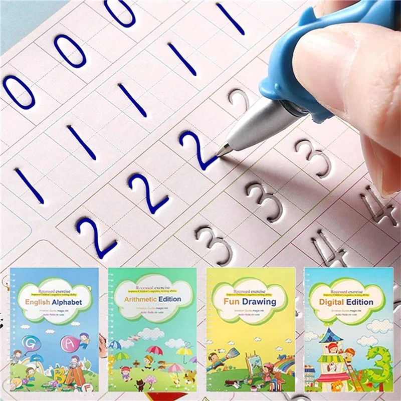 

4 Magic Copybooks Children's Toy Writing Reusable Free Wiping English Maths Drawing Children's Toy Writing Practice Copy Book