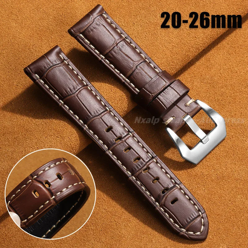 Cowhide Watch Band Dark Brown for Panerai for Seiko Bamboo Knot Pattern Genuine Leather Bracelet Accessories 20mm 22mm 24mm 26mm