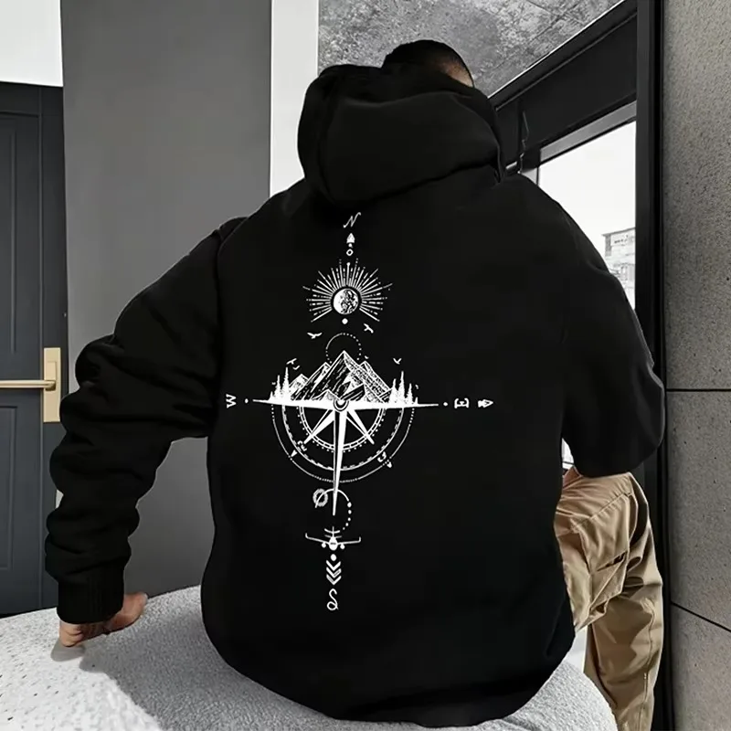 Vintage Compass Print Hoodies for Men High Quality Hooded Long Sleeve Pullover Autumn/Winter Daily Sports Tops Men's Clothes