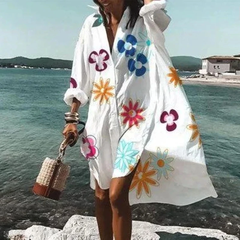 Spring Summer Women Loose Shirt Dress Casual Long Sleeve Printed V Neck Beach Shirt Dresses