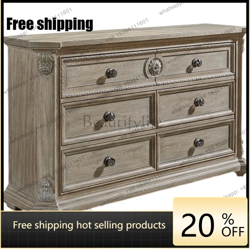 

American light luxury solid wood nine-bucket dining side cabinet carved and made old entrance cabinet