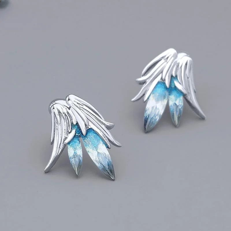 Fashion Silver Color Robin Stud Earrings Blue Crystal Zircon Leaf Earrings for Women Charm Ear Jewelry Accessories Gifts