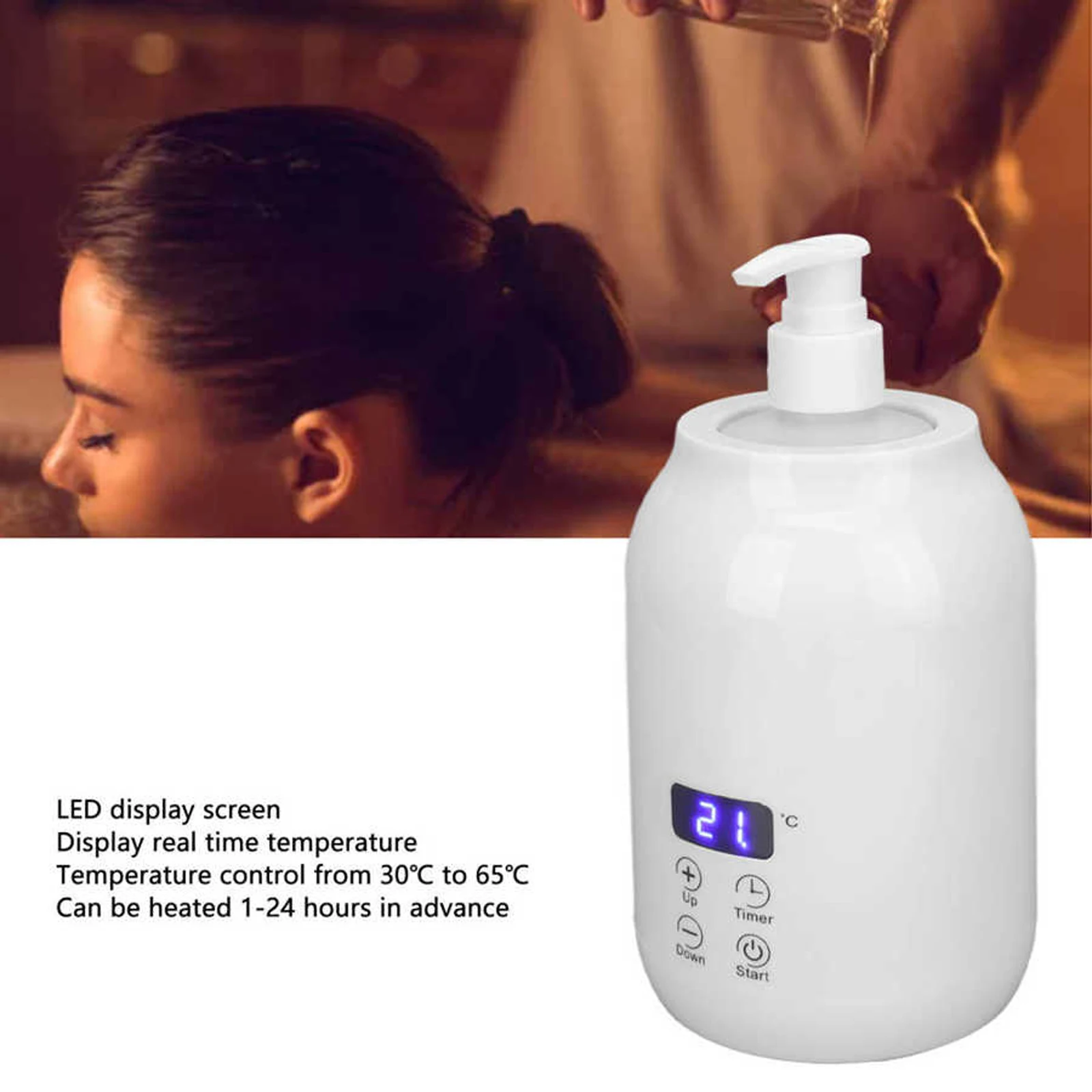 Single Bottle Massage Oil Heater 30-65℃ LED Display Screen with 2Pcs Empty Bottles for Cream Lotion 110-240V