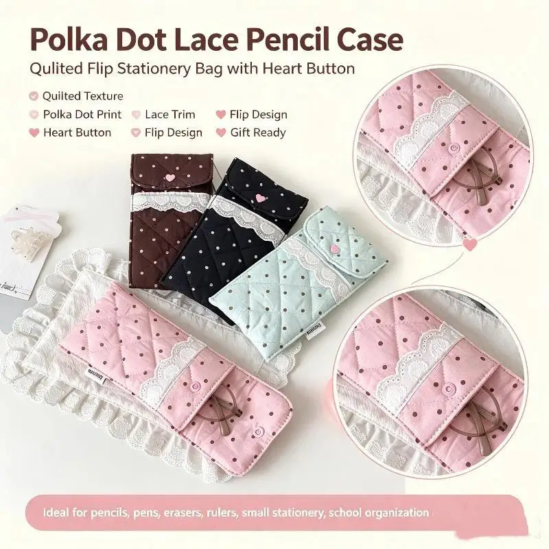 Soft Lining Portable Stationery Organizer Cute Quilted Polka Dot Pencil Case Lace Trim Glasses Pouch Student Supplies
