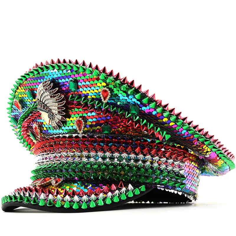 

European And American Party Rhinestone Singer Hat Rainbow Sequined Large Brim Hat Punk Nightclub Party Hat Holiday Big Cap