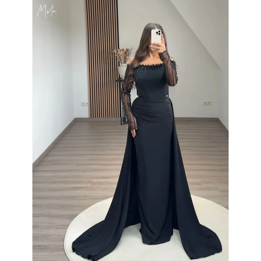 Amanda Customized Black Off Shoulder Prom Dress Lace Sleeves Ruched Formal Evening Train vestidos de noche For Women Gala Gown