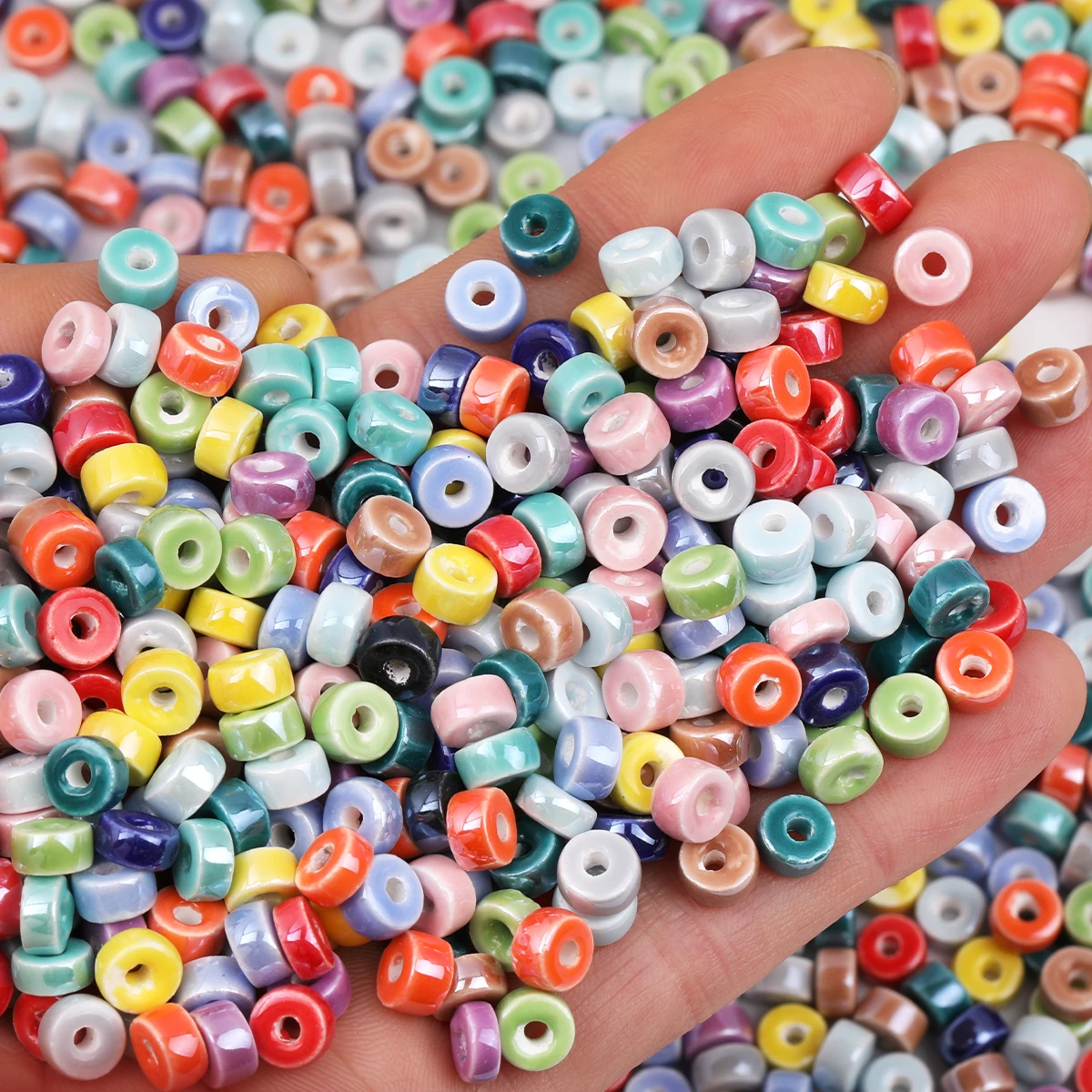 30/60pcs Random Color 4*6mm Flat Tube Ceramic Beads, Cylinder Loose Spacer Beads for DIY Bracelet Handmade Jewelry Craft Making