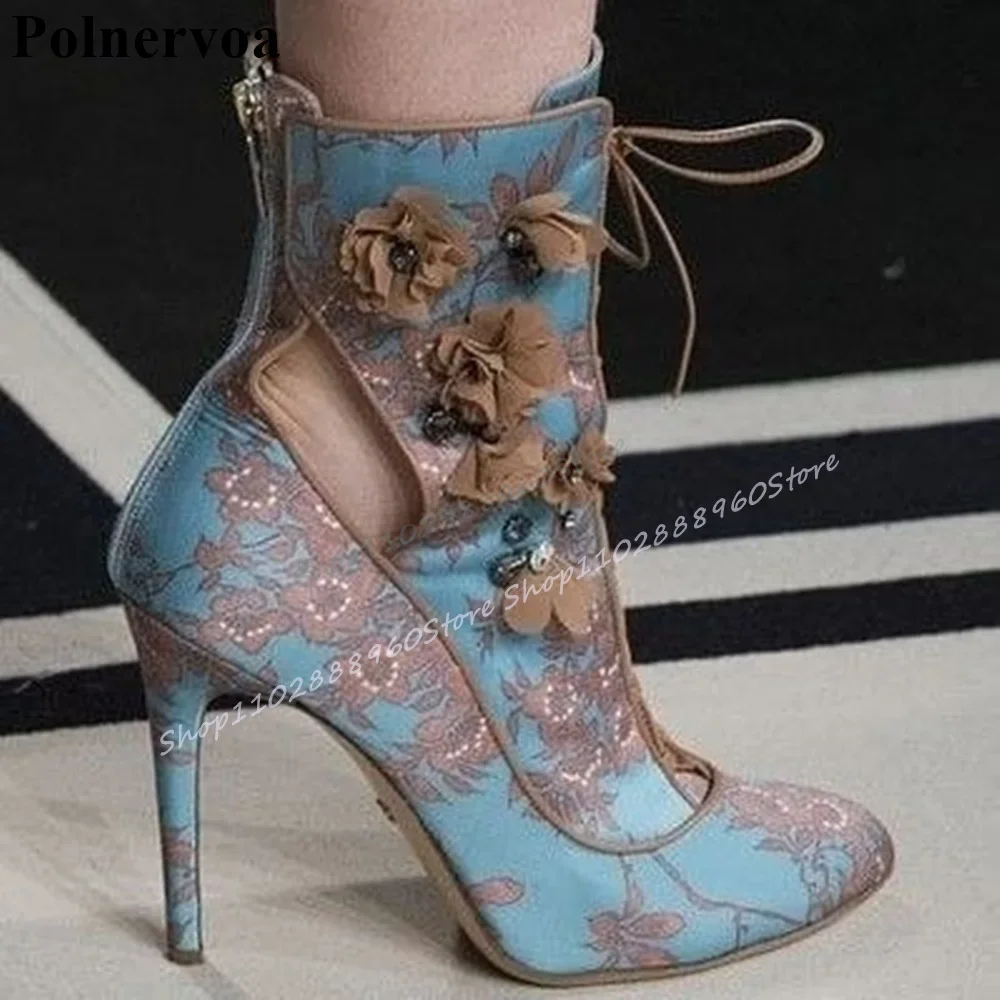 

Cross Tied Mid Calf Blue Flower Decor Boots Thin High Heel Women Shoes Back Zipper Pointed Toe 2025 Fashion Zapatos Para Mujere