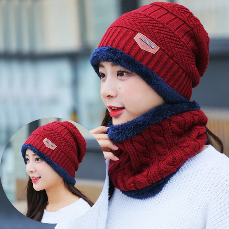 Men And Women Knit Cap Winter Hats Velvet Hat Coral Fleece Scarf Outdoor Riding Hat Warm Thickening Plus Velvet Neck Protect Cap