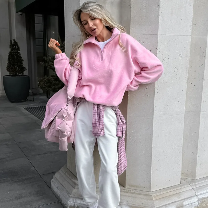 Women Pink Zipped Fleece Casual Lapel Hoodie Coat Loose Long-sleeve Pullover Autumn Winter New Women\'s Fashion Oversized Jacket