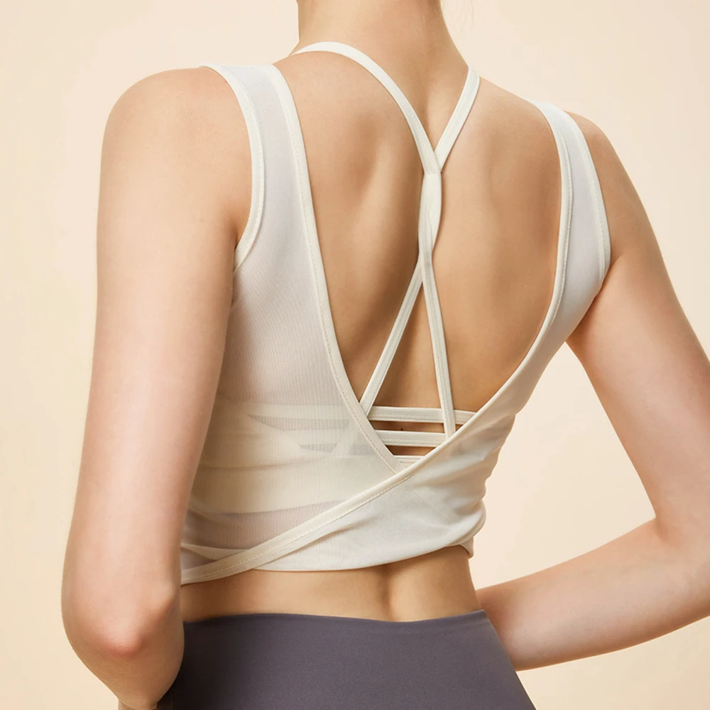 Summer Sexy Bra Top Strap Backless Padded Yoga Wear See Through Mesh Vest Tights 2 Ways Wearing Cloth Running Gym Sportswear New