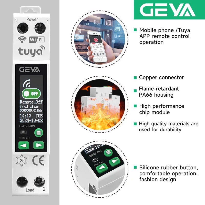 Picture 7: GEYA 1-63A Smart WiFi Circuit Breaker TUYA MCB with LCD Display ​SafetyOver Current Under Voltage Wireless Remote Control Switch