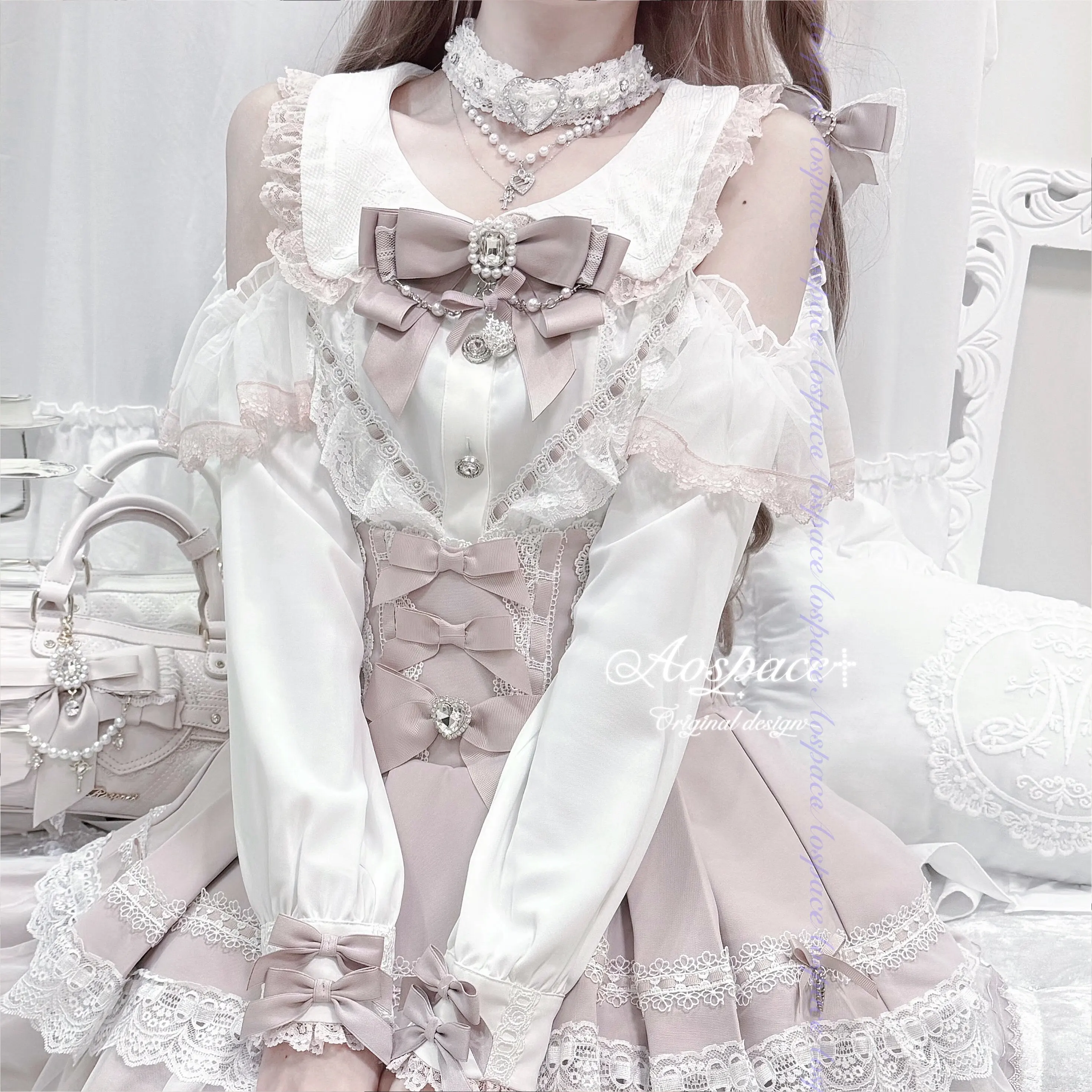 Japanese Lolita Shirts Kawaii Sweet Girl Off Shoulder Long Sleeve Top Spring Autumn Lace Solid Color Versatile Women's Blouses