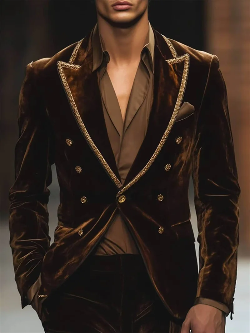 

Velvet Autumn Men Suit Set 2 Piece Blazer+Pants Winter Groom Tuxedos Formal Office Business Customized Coat Jacket Trousers