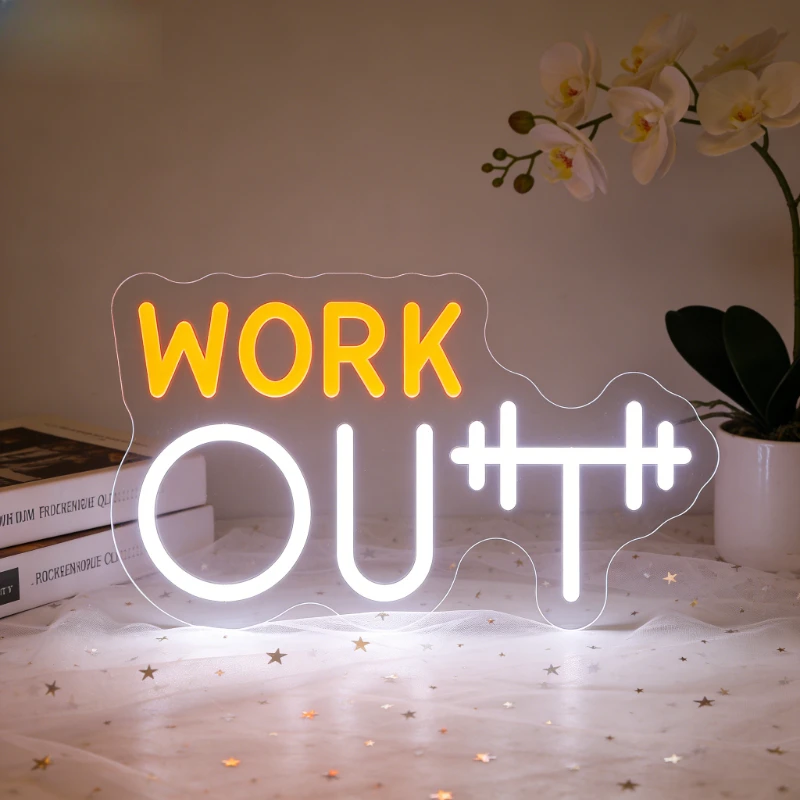

Неоновая вывеска «Workout» желто-белая с гантелью для домашнего спортзала, спальни, офиса, вдохновляющий фитнес-декор, светодиодное настенное освещение
