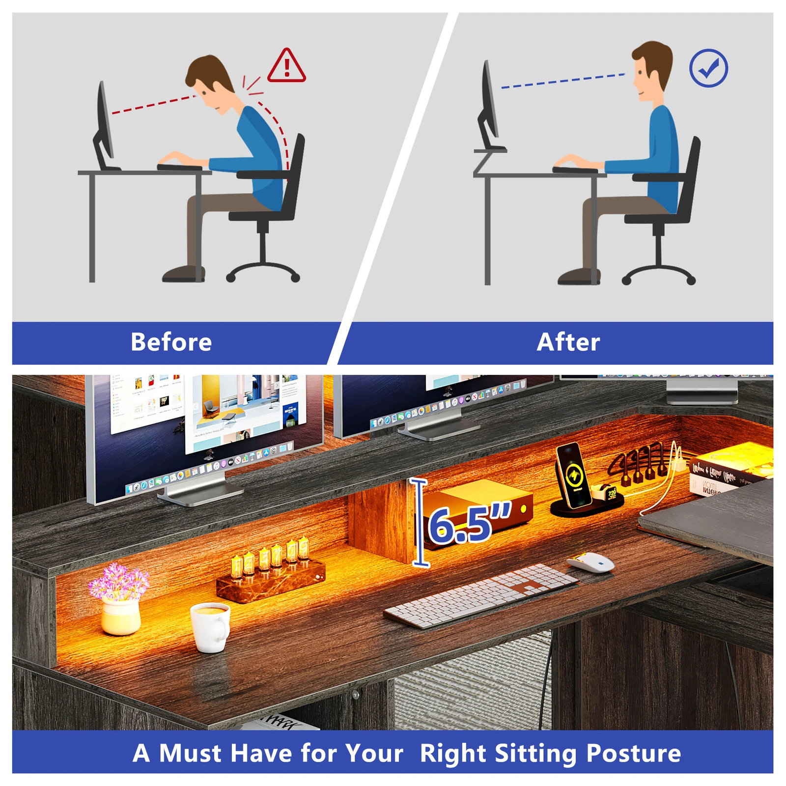 59" L Shaped Office Computer Desk Lift Top File Drawers LED Light Power Outlet