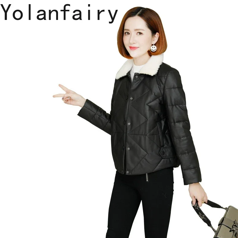 

YOLANFAIRY зимнее пуховое пальто из натуральной овчины, женская куртка из натуральной кожи, женская повседневная шуба с норковым воротником, короткий стиль FCY486