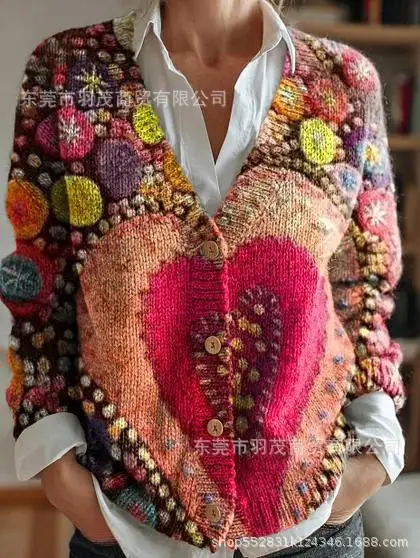 

Кардиган-свитер с цветочным 3D-узором, V-образным вырезом, укороченный, с длинными рукавами, повседневный, осенний, шикарный, в европейском стиле, уличный, шикарный топ