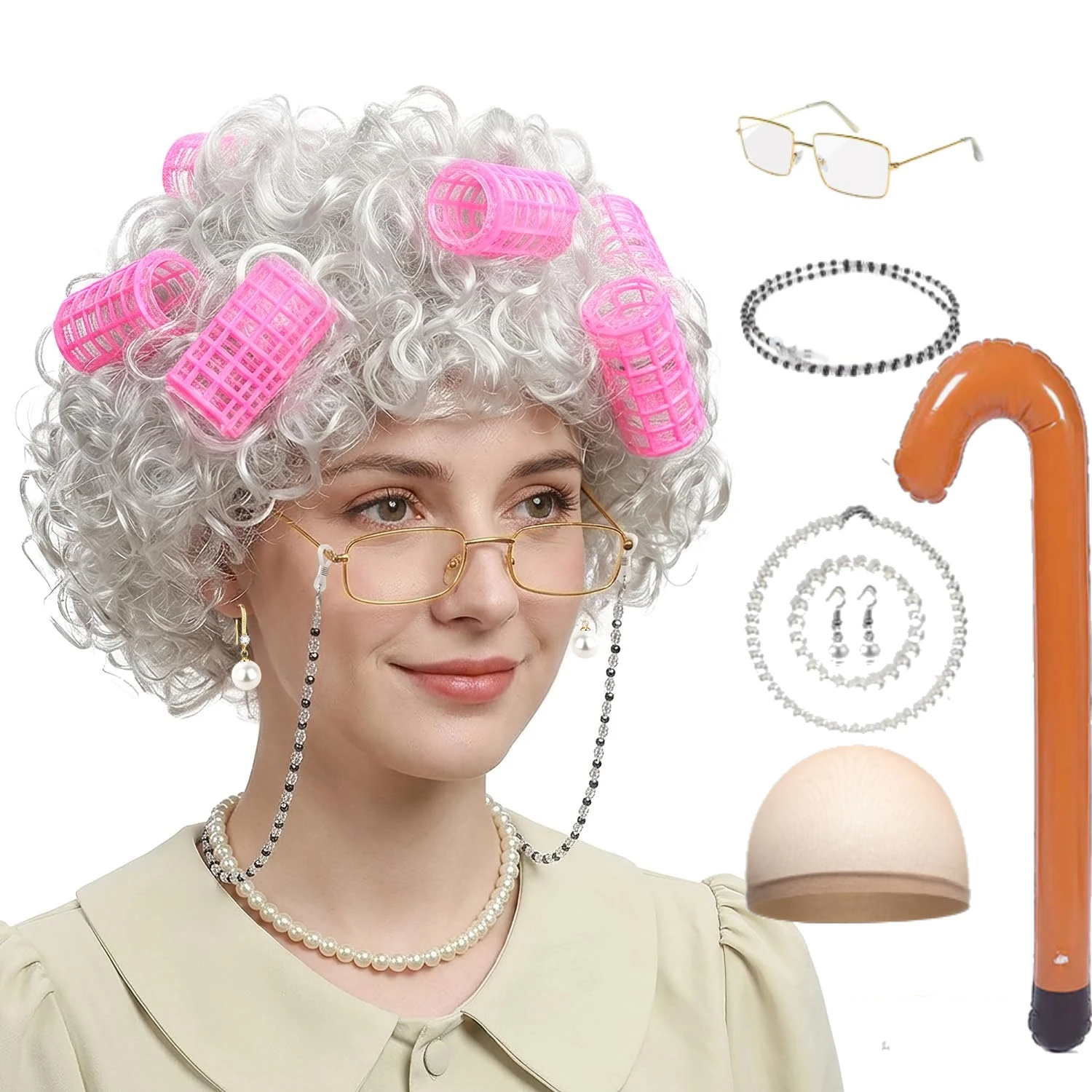 

Old Lady Wig Costume for Women, 5 PCS Kids 100 Days of School Grandma Wig Costume Halloween Girls Adults Cosplay Accessories Set