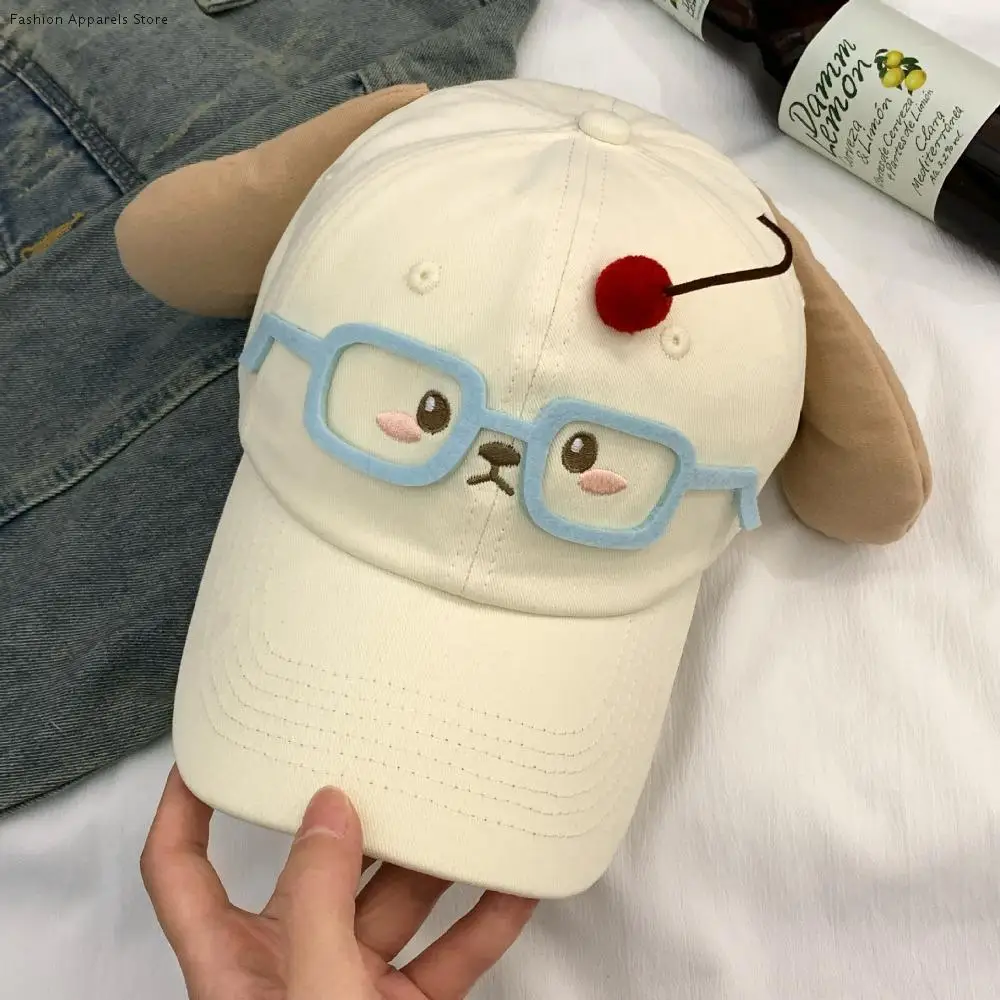 

Fashion Sunscreen Cherry Dog Baseball Cap Cartoon Peaked Glasses Puppy Cap Cotton Cute Puppy Hat with Ears Boys