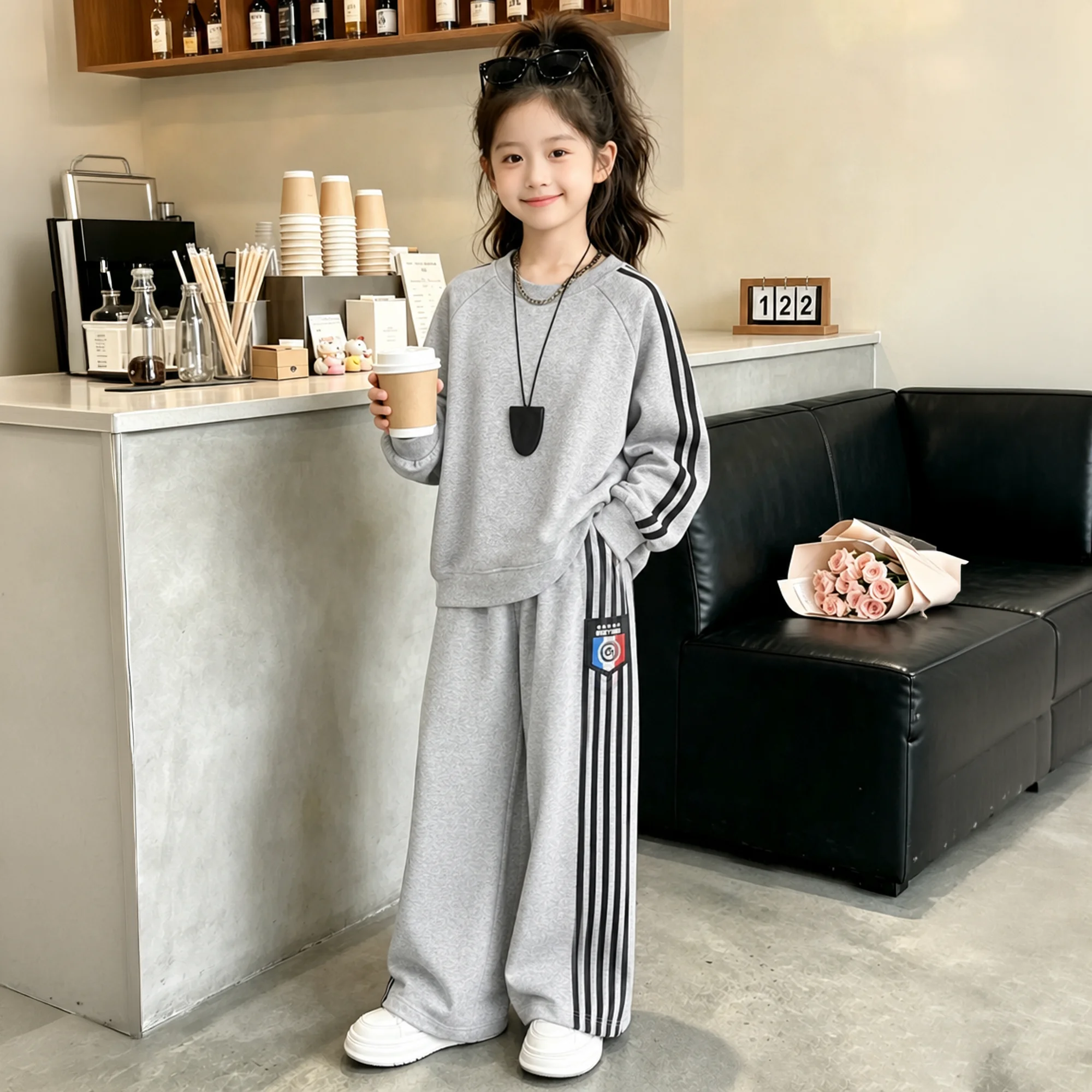 autumn teen girls sport clothes set Cotton round neck hoodie wide-leg pants 2pcs junior kids sweatsuit children clothing outfits