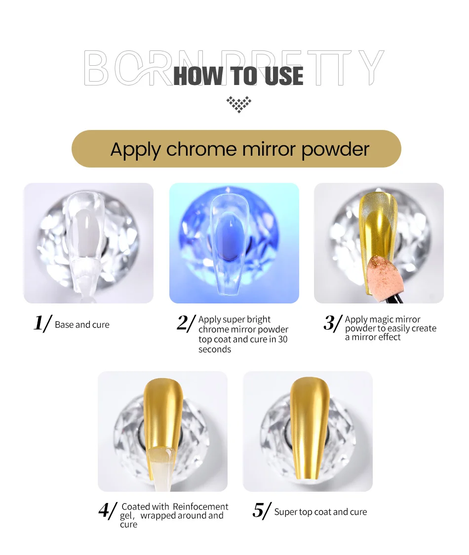 BORN PRETTY 10ml Chrom-Basisgel für Spiegelpuder Transparentes Nagelgel Kristallklar UNGIFTIG Abziehbares UV-LED Funktionsgel – Detail 12