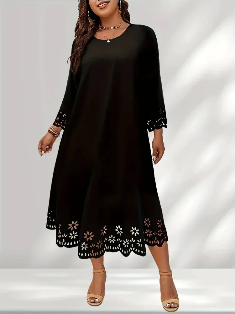 Women\'s 1XL-5XL Plus Size New Round Neck Long Sleeve Dress Fashion Hollow Solid Color Dress Casual Loose Dress Women
