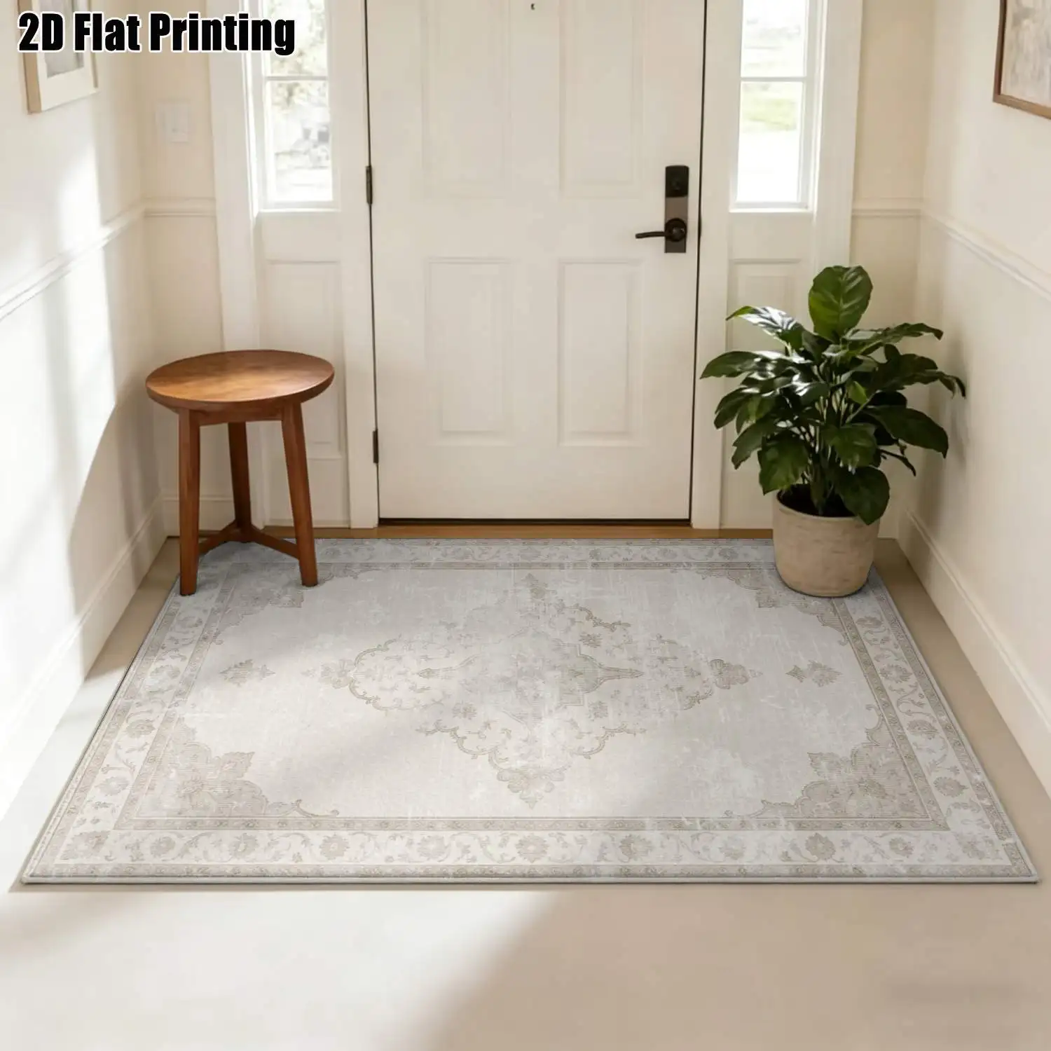 1Pc 2D Printed Carpet: Beige Retro Floral, European Style, Geometric Patterns, Home Decor, Multi-Size, Machine Washable, for Entrance, Dining, Foyer, Bedroom, Living Room