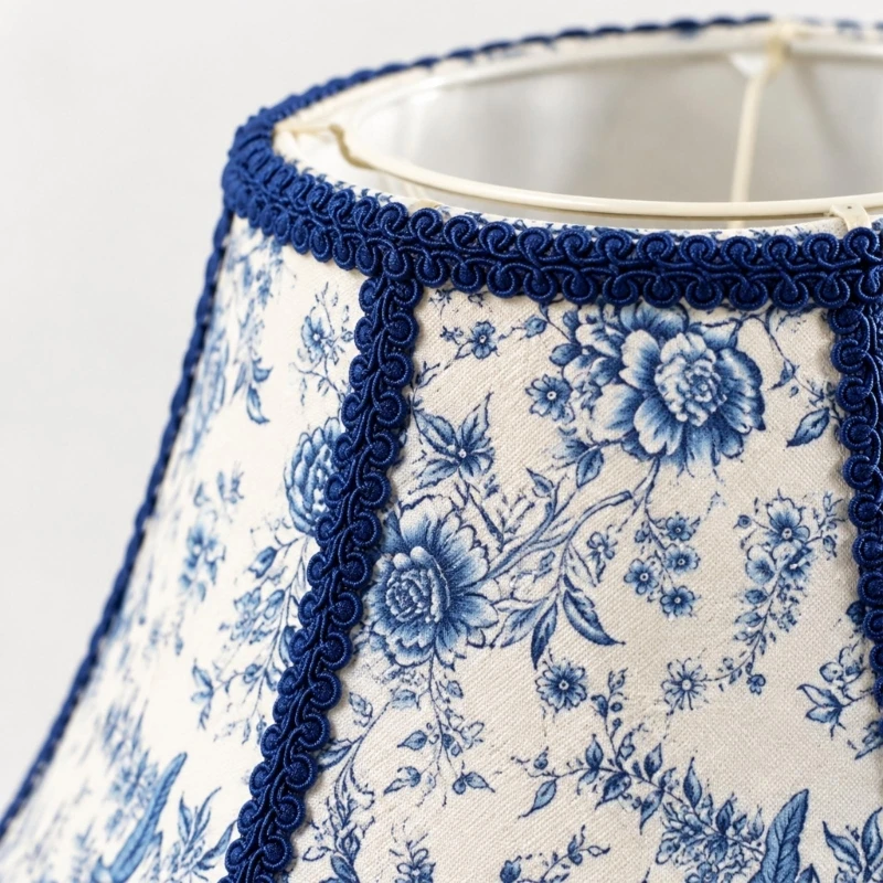 Scalloped Lamp Shades Fabric Lampshades For Table Lamps with Blue-and-White Flower Pattern, Scalloped Dark Blue Trim, 24BB