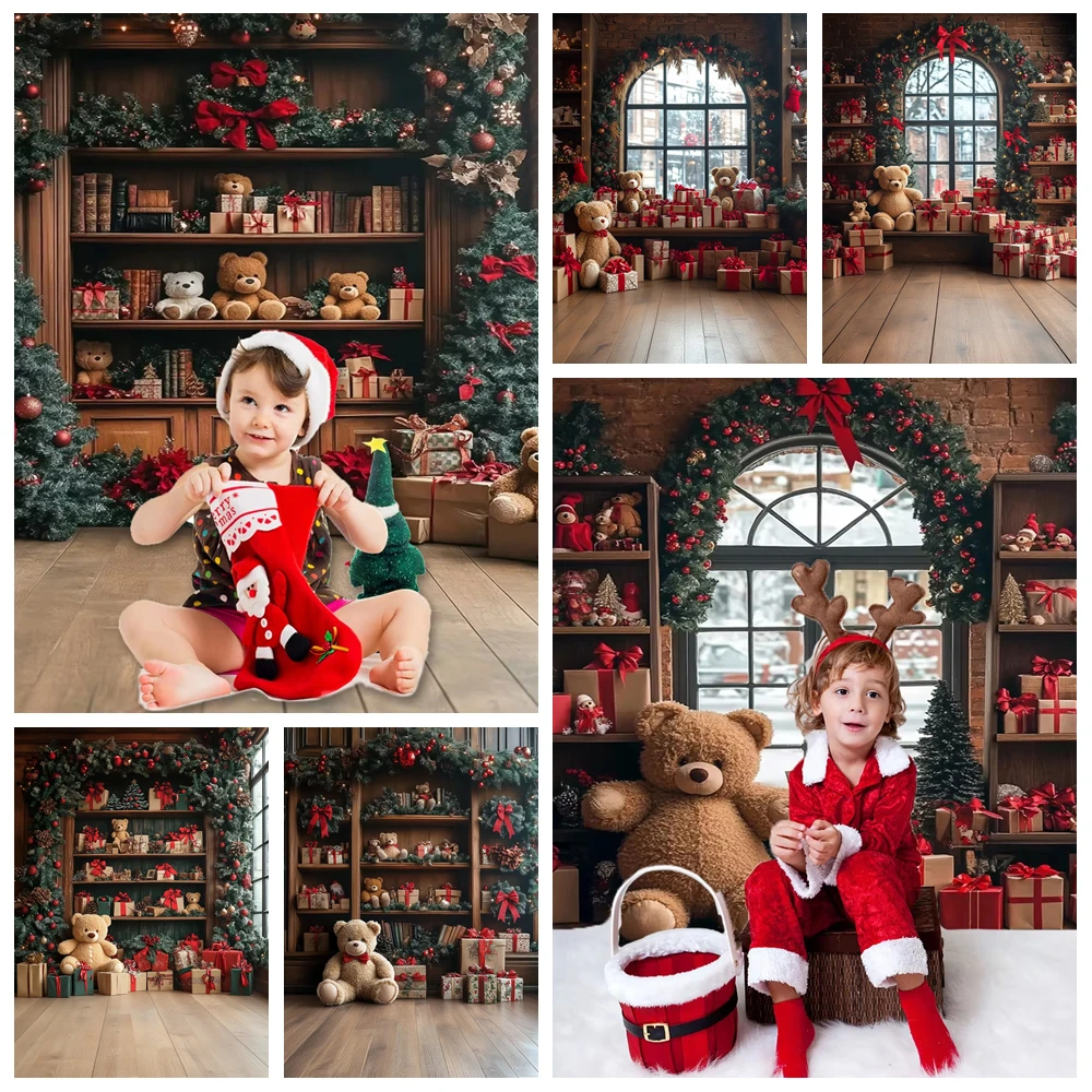

Christmas Doll Bear Photography Background Gifts Tree Wall Home Wooden Floor Children Baby Photo Shoot Prop Room Decoration Gift