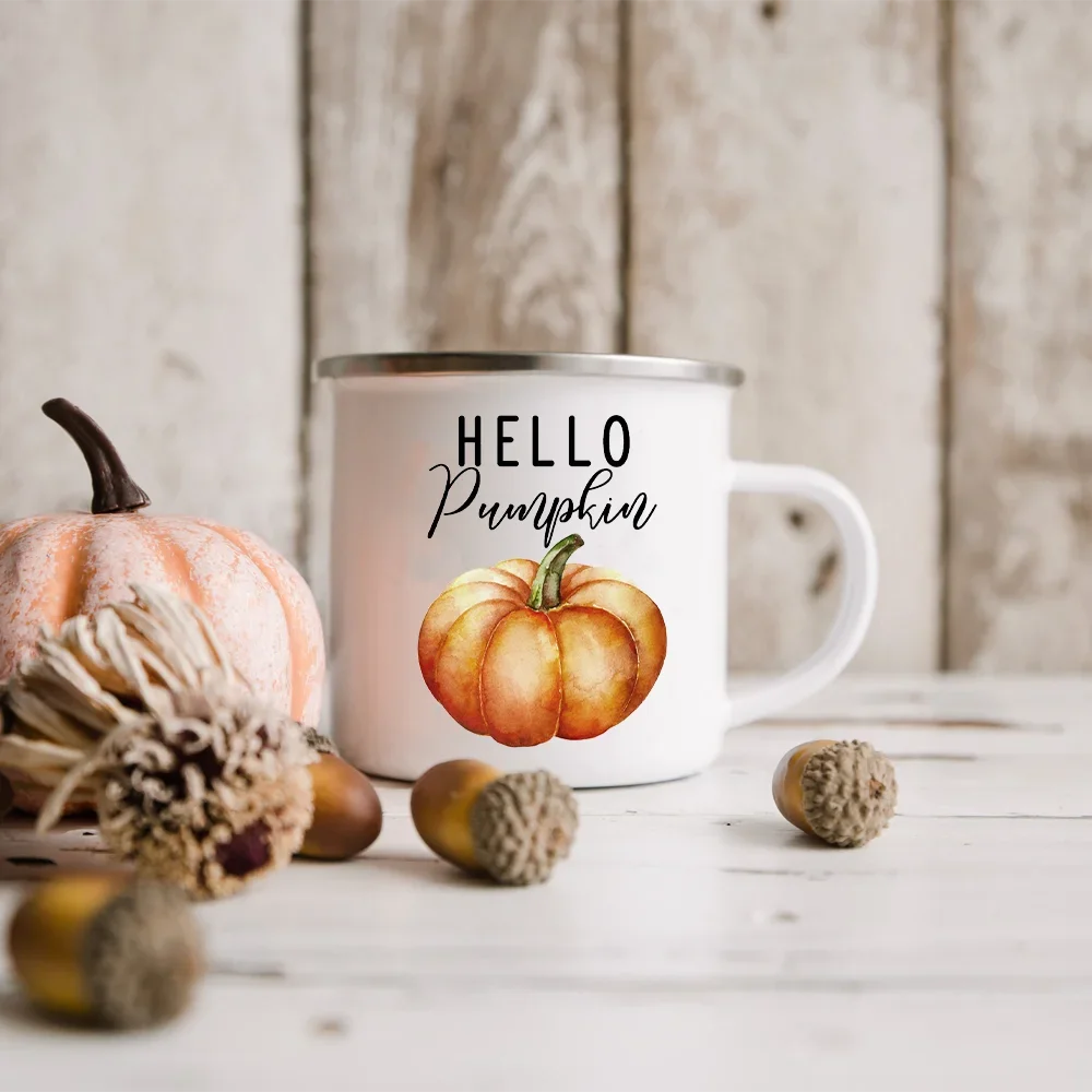 Hello Pumpkin Enamel Mug Halloween Camping Mug Gift For Grandma Mum Nana Autumn Home Decor Hygge Gift Fall Coffee Mug