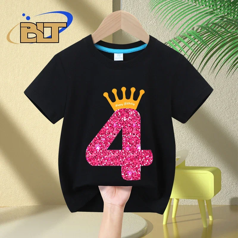 Happy Birthday Girls 4th Birthday Party Kids T-shirt Summer Children's Cotton Short Sleeve Casual Tops