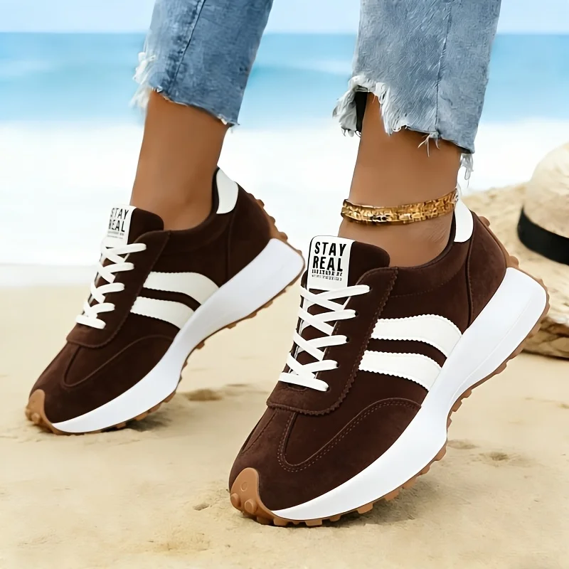 Women Retro Stripe Platform Sneakers Vintage Suede Lace Up Casual Shoes Thick Sole Non Slip Walking Trainers Fashion All Match Multicolor Ladies Daily Outdoor Daily Wear All Seasons Comfortable Soft Sole Retro Athletic Sports Footwear Daily Travel Walking