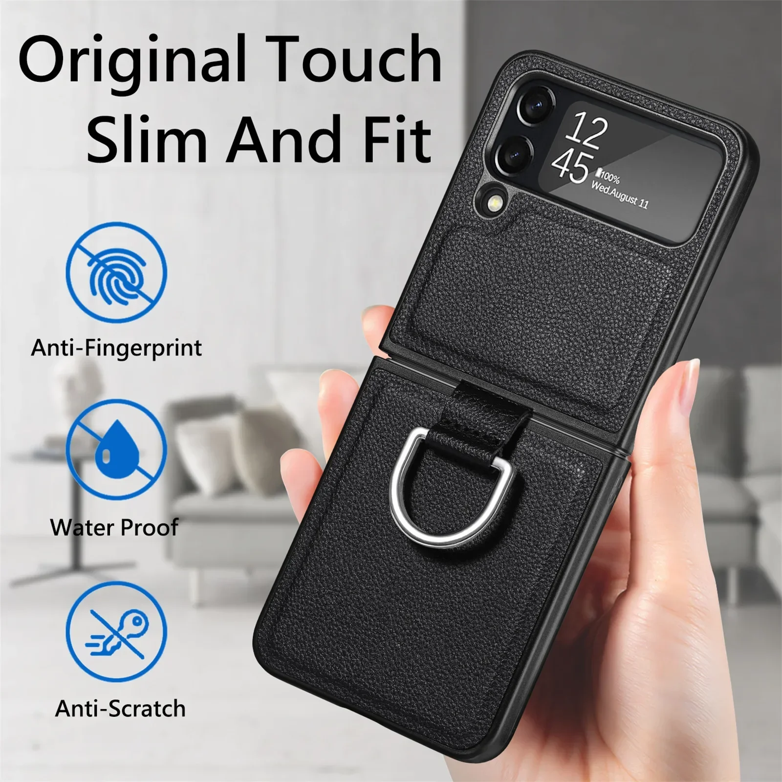 

Litchi Grain Ring Phone Case For Samsung Galaxy Z Flip 4 Flip3 Cover Anti-knock Luxury Leather PU+PC Cases For Flip4 Flip3 Cover