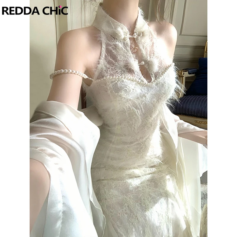 

REDDACHiC Women Shawl Qipao Dress Set Sequin Lace Pearl Chain Halter Ruffle Flowy Mermaid Bodycon Maxi Long Dress Pretty Clothes