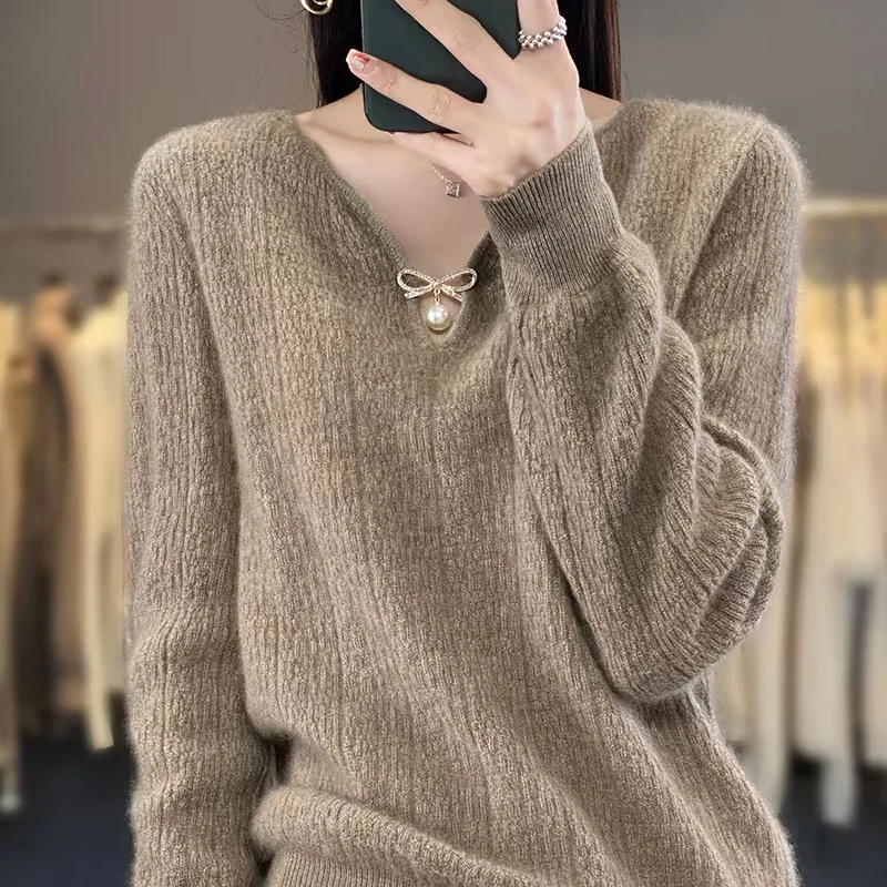 100% Wool Woman\'s Sweater Autumn Winter Jumper Fashion V-Neck Female Pullover Long Sleeve Blouse Loose Large Size Tops Knitted