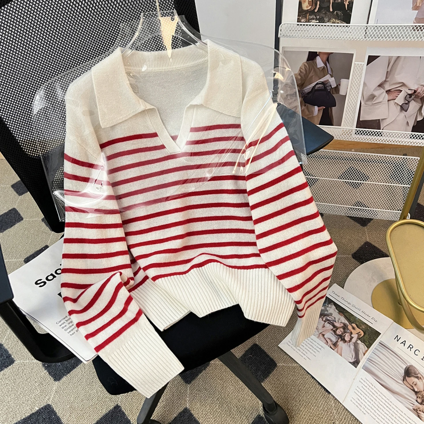 

Classic Ne Striped Wool Knitwear Women's Vintage Anti-Aging Design Sense Top Spring New Sle Commute Loose Fit Long S...