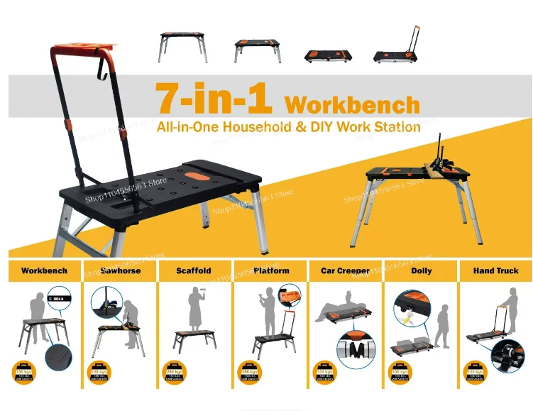 

Seven-in-One Multi-functional Workbench DIY Woodworking Table Portable Foldable Handcart With Wheels
