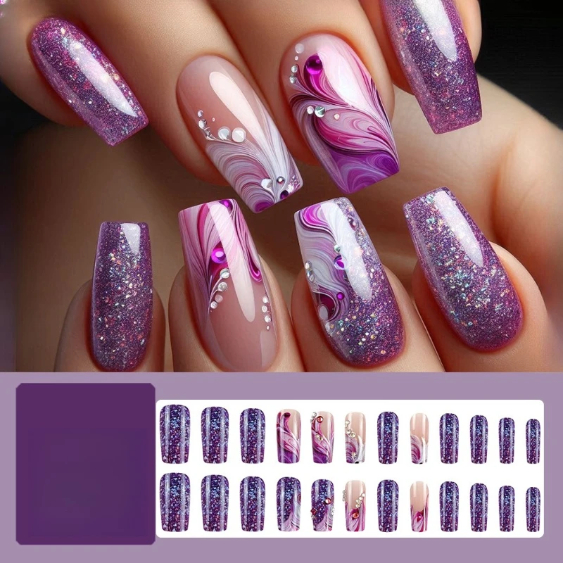 

Purple Cloud Flowing Sand French Nail Slices, Starry Gradient, European and American Diamond Piercing