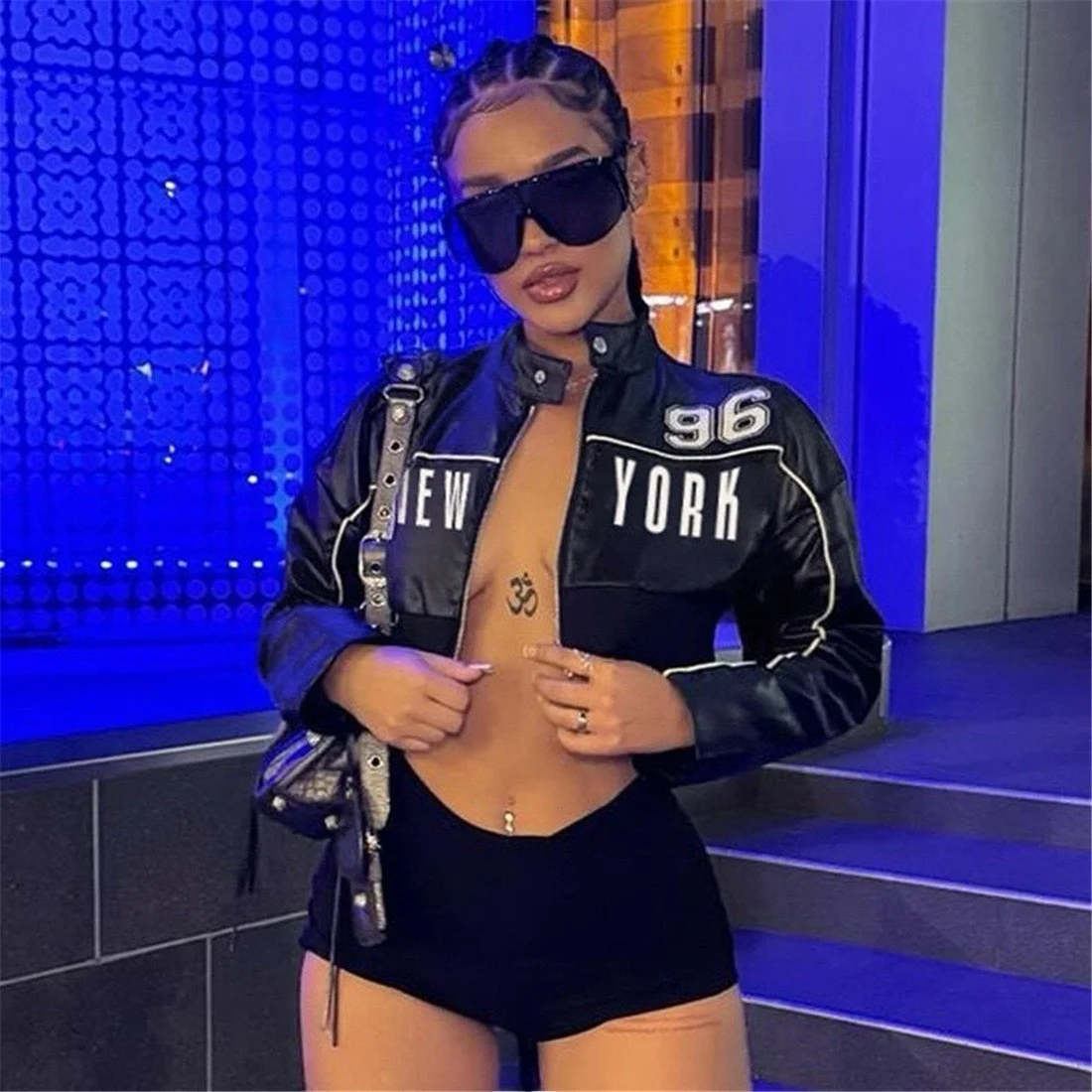 Faionable مطبوعة المرقعة سستة جلدية Jaet المرأة سليم صالح ort Sle مثير Sle طويل Sve Fce اصطف معطف #4