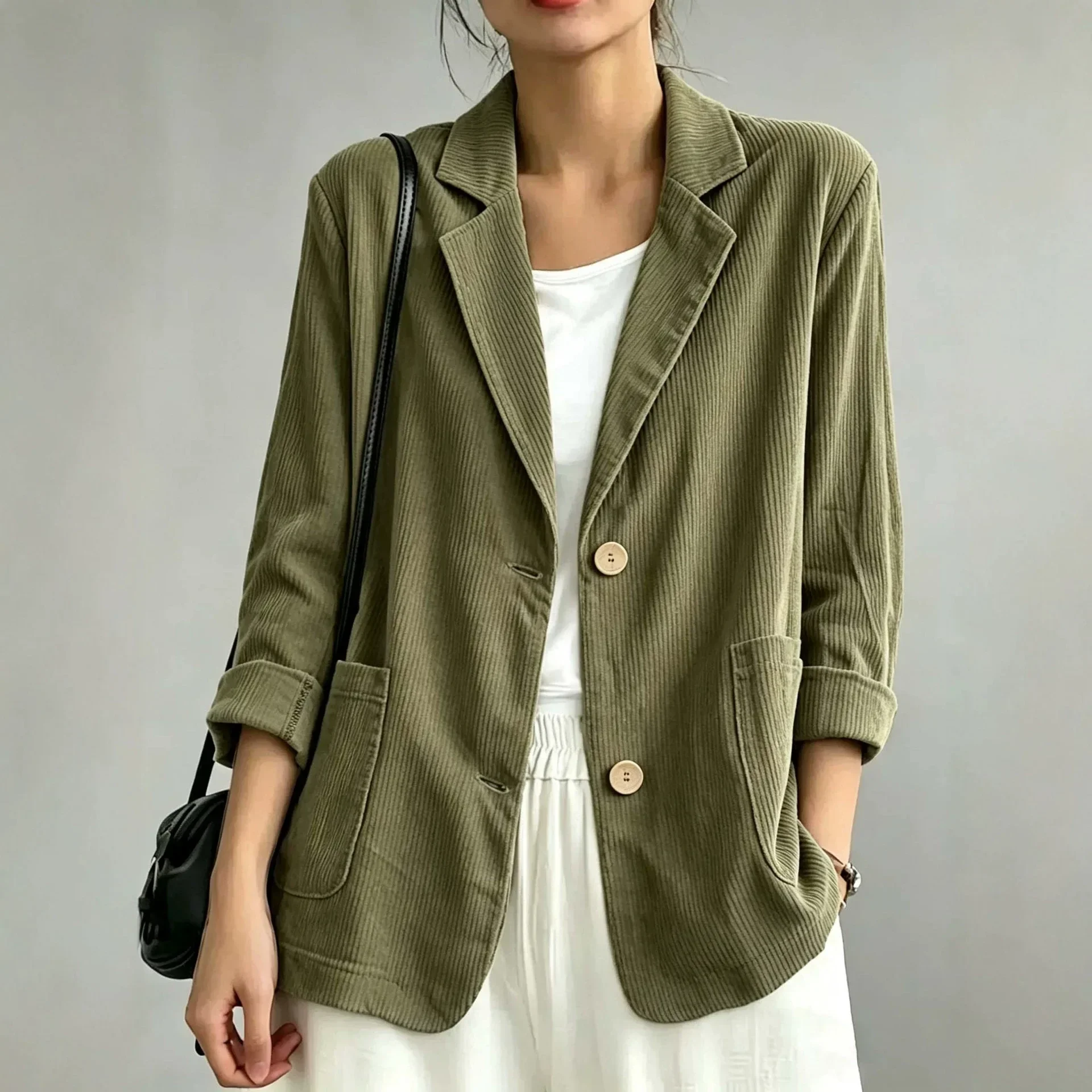 2027 New Women's Corduroy Blazer Casual Lapel Collar Button Down Jacket Relaxed Fit Long Sleeve Outerwear with Pockets