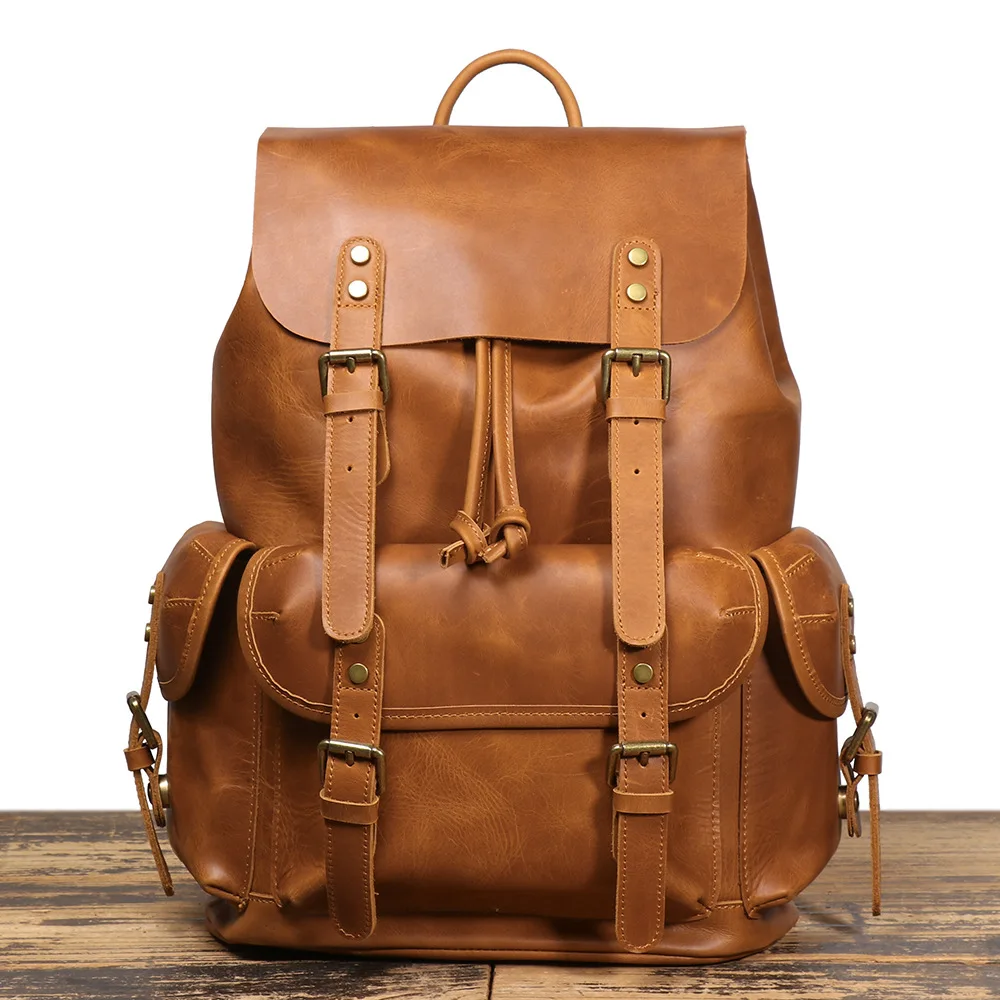 

Large Capacity School Bag Crazy Horse Leather Laptop Bag Retro Leather Men's Backpack Top Layer Cowhide Travel Backpack