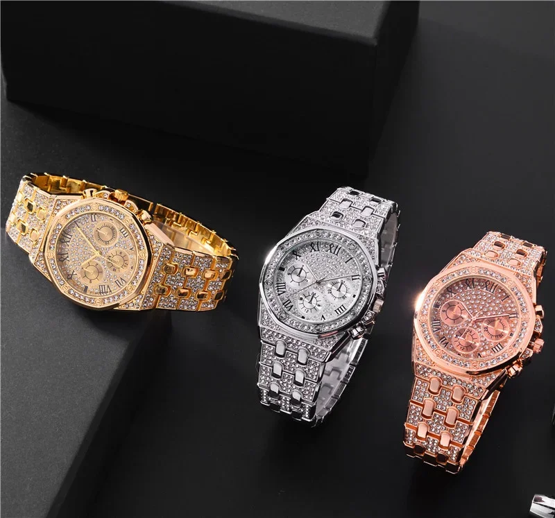 Men Luxury Diamond Watches Gold Stainless Steel Quartz Wristwatches Fashionable Lady Noble QuartzClock Gift Relogio