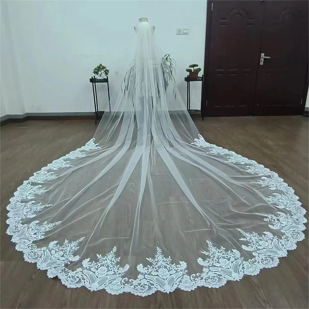 Voile de Mariage Long avec Appliques en Dentelle, Blanc Ivoire, 1 Couche, Accessoires pour Patients de la Mariée, Photos Réelles, 3.5 m