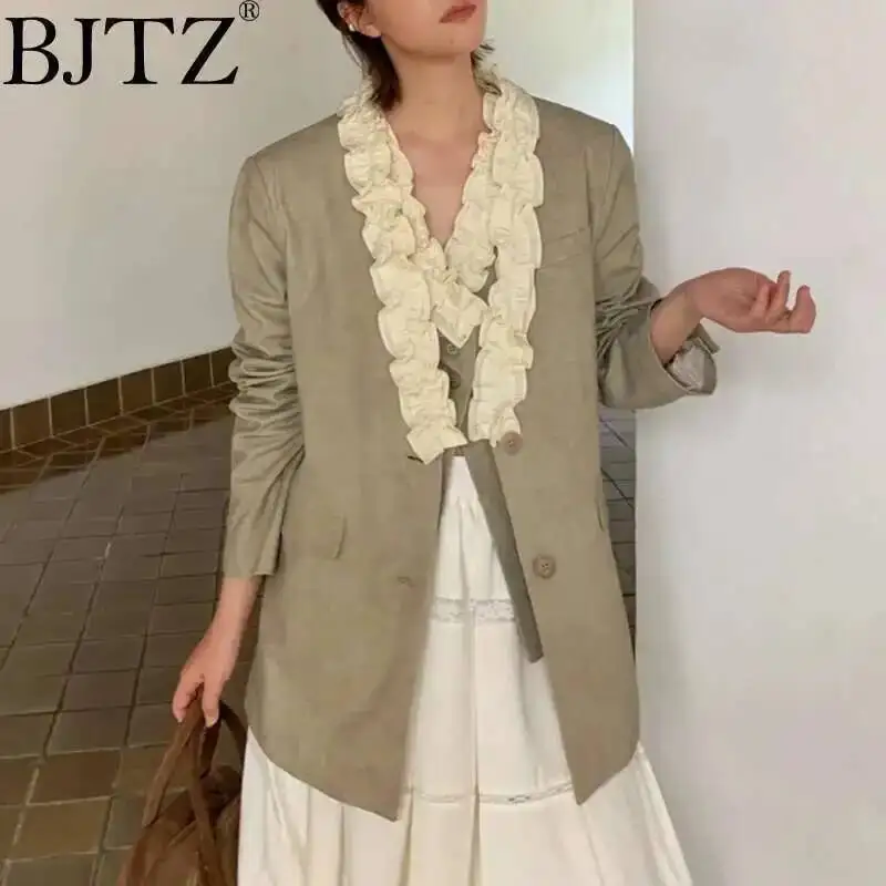 

BJTZ Шикарный дизайнерский универсальный свободный пиджак для женщин 2023 Весна Осень Новый длинный рукав 3D Кружевные пиджаки Пальто Женские топы