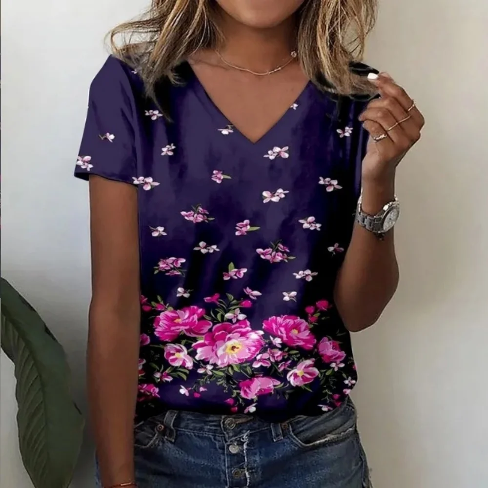 Summer New Style Floral 3D Print Casual V-Neck Women's T-Shirt Short Sleeve Fashionable Spandex Material Comfortable Fit Top