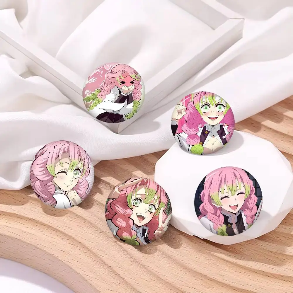 Anime Character Mitsuri Kanroji Round Button Pins Slogan Creative Brooches Backpack Clothes Decoration Fashion Jewelry Gifts