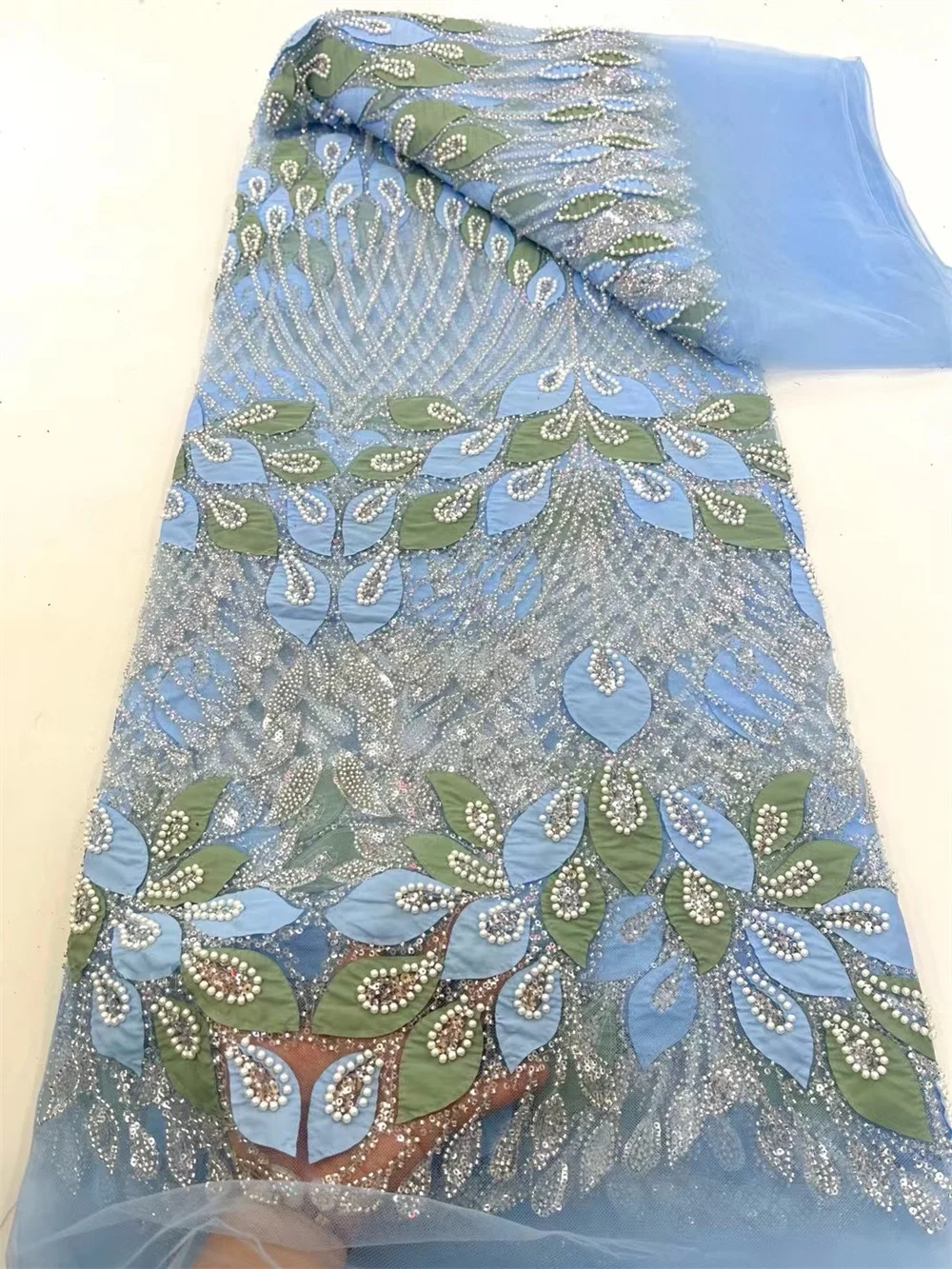 

Blue Embroidered Lace Fabric Elegant African Lace Fabric 5 Yard 2025 Latest Nigerian Beaded Lace Fabric For Evening Dress A961-1